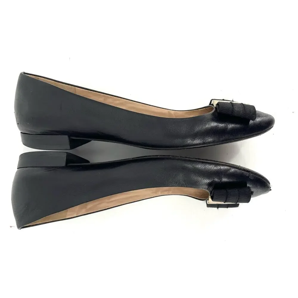 Tory Burch Black Leather‎ Gemini Logo Flat Ballet Pumps Ribbon Bow (5.5)